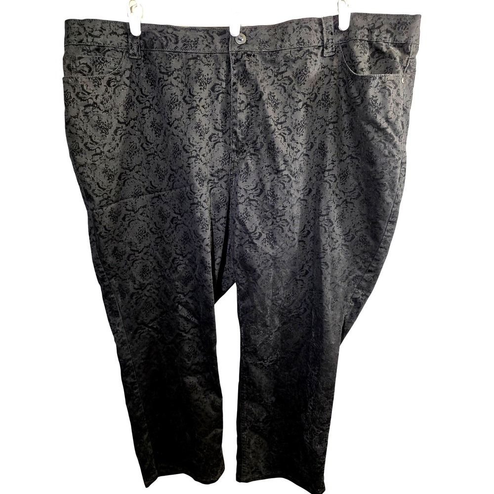Catherines Pants Plus Size 32 W P Petite 32WP Black Velvet Flocked Damask Pocket